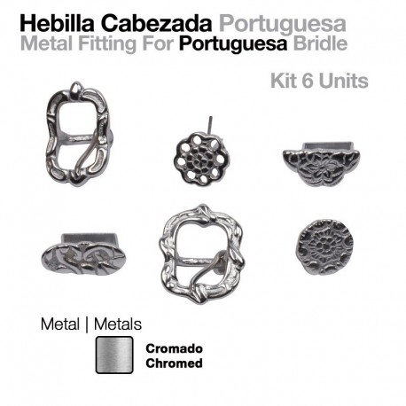 Juego hebillas y adornos cromados para cabezada portuguesa