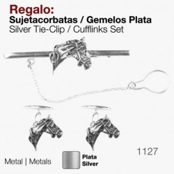 Sujetacorbatas caballo y gemelos plata